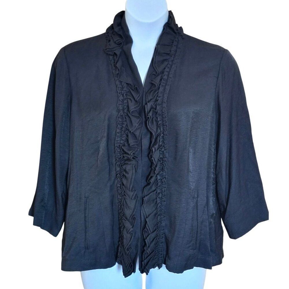 Ruffled detailed Black Open-Front Cardigan 3/4 Sleeves cottagecore whimsygoth
